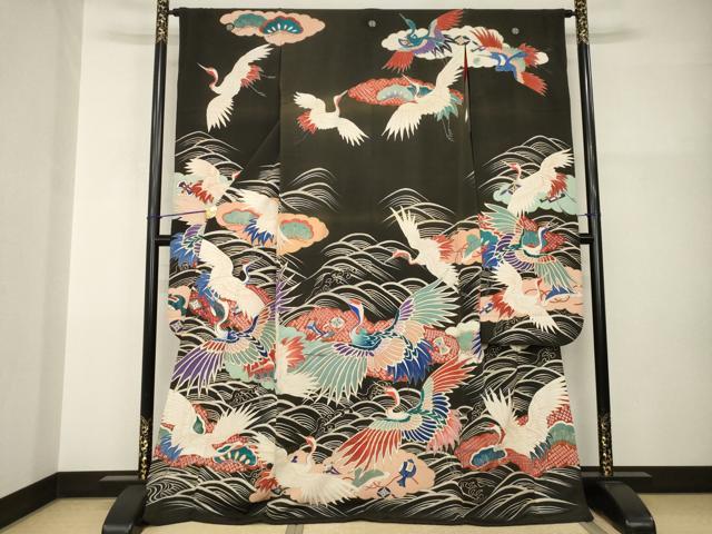 長閑やかさ屋中央局●アンティーク 大正人情本 振袖 中国三大刺しゅう 相良刺しゅう 立波飛鶴宝尽くし 黒地 現ナマ彩 ロング丈 正絹 珠玉 AABI0789ck