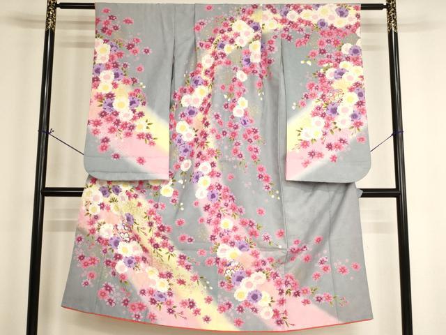 長閑やかさ屋御召しもの[]七五三 お嬢さん ７歳 祝着 四つ身 鈴 桜 暈し染め 金彩 AABH2976ja
