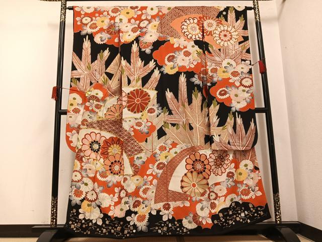 平和屋本店●アンティーク 大正ロマン 振袖 駒刺繍 地紙草花文 黒地 金銀彩 正絹 逸品 AABI0462ph|平和屋