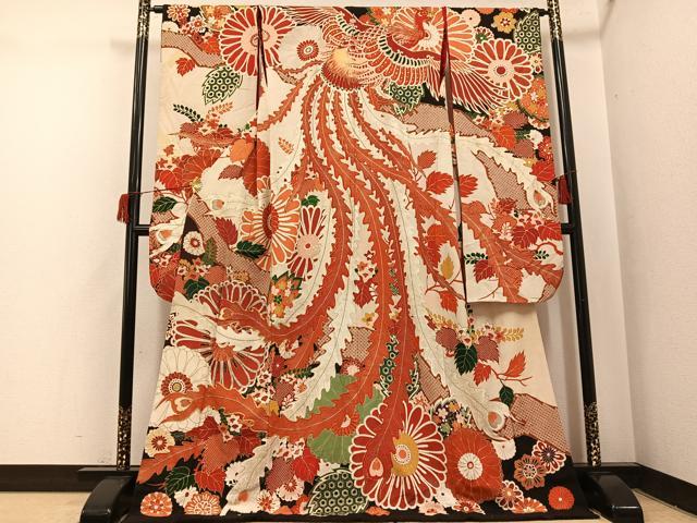 長閑やかさ屋中央局●アンティーク 大正人情本 振袖 駒刺しゅう 顕花植物文 金彩 ロング丈 正絹 珠玉 AABI0464ph