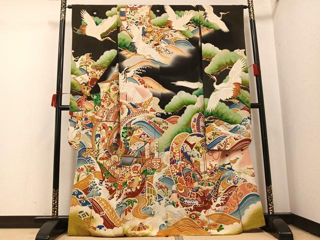 平和屋本店●アンティーク　大正ロマン　振袖　駒刺繍　立波風景花宝尽くし　黒地　正絹　逸品　AABI0468ph｜平和屋
