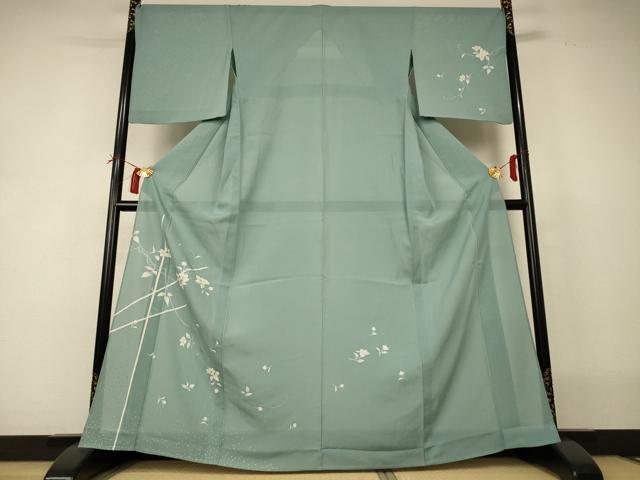 長閑やかさ屋御召しもの＊夏物 短い訪問着 絽 顕花植物文 銀彩 正絹 珠玉 AABI0709jd