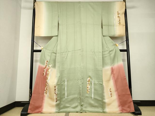 長閑やかさ屋御召しもの●短い訪問着 相良刺しゅう 矢羽花文 暈し染め 金彩 正絹 珠玉 AABI2461ck