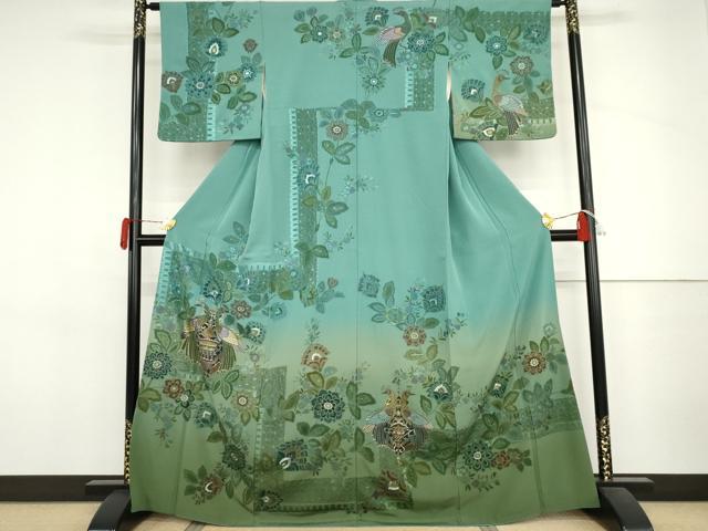 長閑やかさ屋お召しもの●中国三大刺しゅう 汕頭刺繍 スワトウ刺しゅう 相良刺しゅう 総刺しゅう 短い訪問着 クジャク更紗花文 暈し染め 金糸 正絹 珠玉 AABJ3692cs