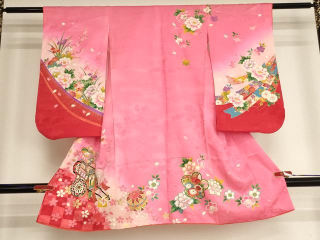 平和屋着物[]七五三　女の子　３歳　祝着　三つ身　御所車花文　暈し染め　金彩　AABI2734ja｜平和屋