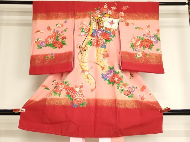 平和屋着物[]お宮参り　女の子　祝着　産着　初着　のしめ　御所車花文　暈し染め　金彩　逸品　未使用　AABI2736ja｜平和屋