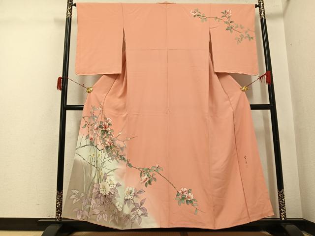 長閑やかさ屋御召しもの●手描友禅成人女性絵描き 一色生子 短い訪問着 枝花文 正絹 珠玉 AABI6218ph