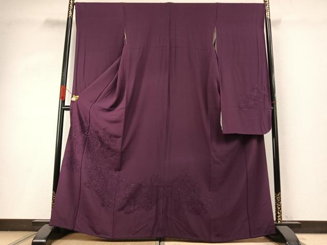 長閑やかさ屋御召しもの●晴れ晴れしい振袖 中国三大刺しゅう 汕頭刺繍 スワトウ刺しゅう 総刺しゅう 吉祥花鳥地紋 蒲葡色 正絹 珠玉 AABI1674fy