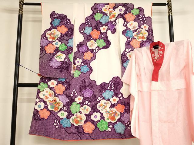 長閑やかさ屋御召しもの[]七五三 お嬢さん ７歳 祝着 四つ身 長襦袢（無双仕立てもの・半衿刺しゅう）書き割り 駒刺しゅう 舞梅文 糸巻き 金彩 AABI2727ja