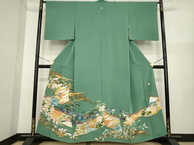 長閑やかさ屋御召しもの●晴れ晴れしい色留袖 絵描き物 駒刺しゅう 飛鶴見晴らし花文 正絹 珠玉 AABI5341ck