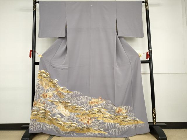 長閑やかさ屋御召しもの●晴れ晴れしい色留袖 駒刺しゅう 立波梅松文 金彩 正絹 珠玉 AABI6112cs