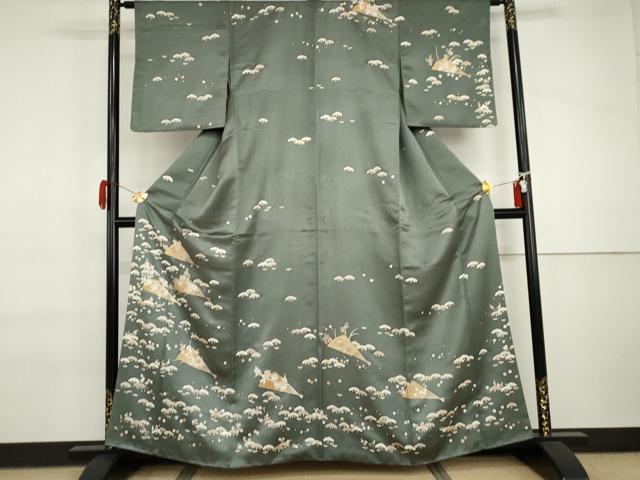 長閑やかさ屋御召しもの●短い訪問着 友禅 刺しゅう 扇子松竹梅文 金糸 金彩 正絹 珠玉 AABI6130cs