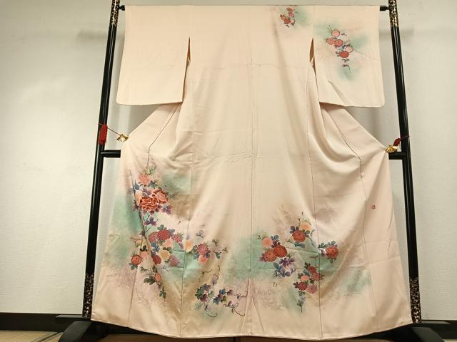 長閑やかさ屋御召しもの●短い訪問着 絵描き物 刺しゅう 被子植物文 暈し染め 銀彩 正絹 珠玉 AABI1667fy