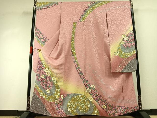 平和屋着物●豪華振袖　駒刺繍　草花文　暈し染め　銀彩　金通し地　正絹　逸品　AABI1668fy｜平和屋