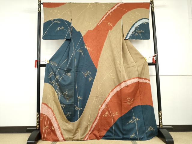 長閑やかさ屋御召しもの●短い訪問着 墨付き 絞り 笹竹文 金彩 正絹 珠玉 AABI6091cs