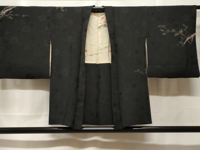 長閑やかさ屋御召しもの＃羽織 ひと休み鳥枝葉文 暈し染め 黒地 金彩 正絹 珠玉 CABF3965電子ボルト