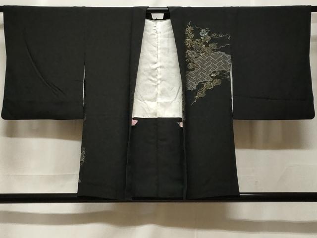 長閑やかさ屋御召しもの＃羽織 寿光織 雲取り枝菊文 黒地 現ナマ糸 正絹 珠玉 CABF3966電子ボルト