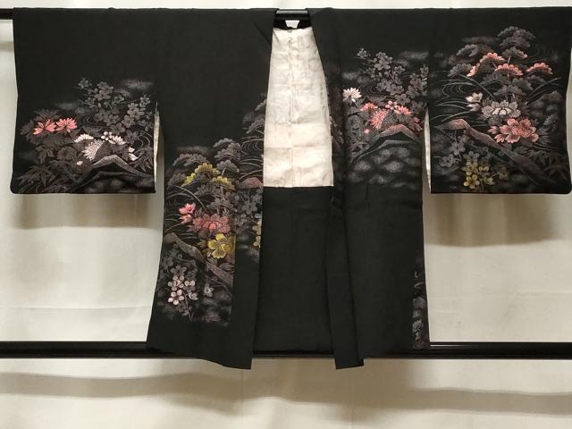 長閑やかさ屋御召しもの＃羽織 寿光織 松竹梅遠山文 黒地 現ナマ糸 正絹 珠玉 CABF3985電子ボルト