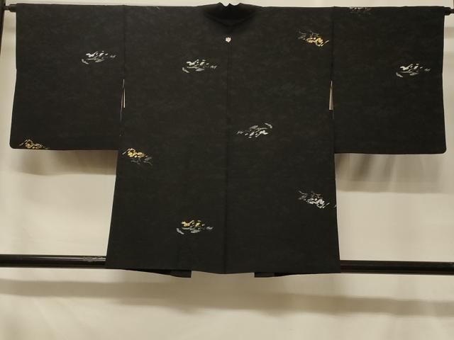 長閑やかさ屋御召しもの＃羽織 寿光織 立波文 黒地 現ナマ糸 正絹 珠玉 CABF8812インチ