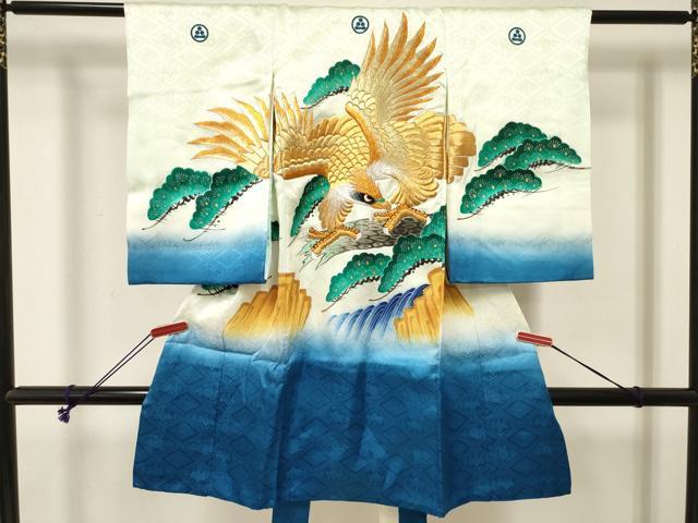 平和屋着物[]お宮参り　男の子　祝着　産着　初着　のしめ　刺繍　鷹　鷲　風景松文　暈し染め　金彩　逸品　DABE7115ma｜平和屋