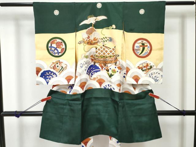 平和屋着物[]お宮参り　男の子　祝着　産着　初着　のしめ　駒刺繍　鶴　蓑亀　立波文　金彩　逸品　DABE7384ma｜平和屋