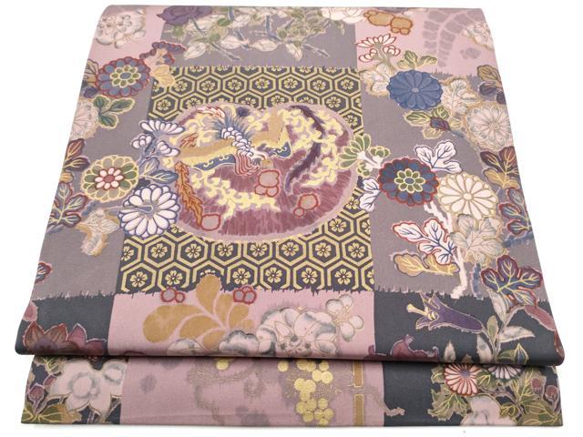 長閑やかさ屋お召しもの●塩瀬 九寸開き名古屋帯 市松花鳥文 金彩 正絹 珠玉 CABG9161hy