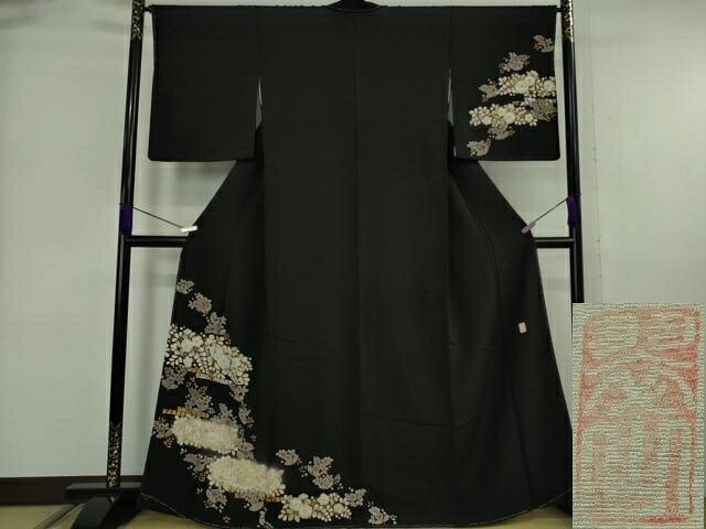長閑やかさ屋御召しもの●御前上等 越後十日町の第一級染匠 桐屋・翠山細工所 短い訪問着 辻が花 黒地 現ナマ彩 やまと金付け紙 珠玉 未当て嵌める DZAB6348kh6