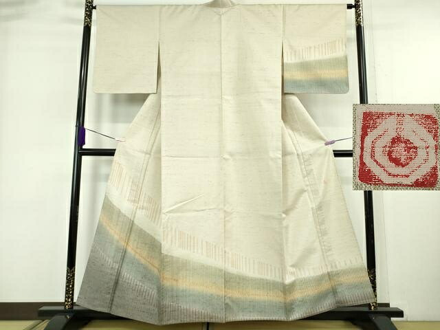長閑やかさ屋御召しもの▽御前上等 石川県任ずる無形文化財 牛首紬 白山細工所 手織り 単衣 練色地 珠玉 未当て嵌める DZAB6505kh6