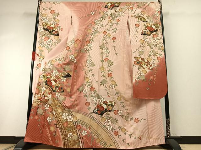 長閑やかさ屋御召しもの●晴れ晴れしい振袖 駒刺しゅう 扇子花鳥文 暈し染め 金彩 正絹 珠玉 AABI1755fy