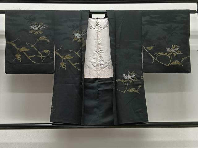 長閑やかさ屋御召しもの＃羽織 寿光織 枝花文 黒地 金糸 正絹 珠玉 CABG3763ua