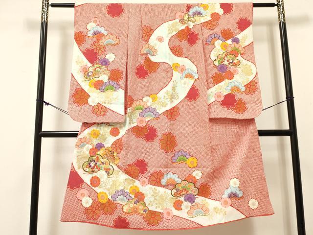 長閑やかさ屋御召しもの[]七五三 お嬢さん ７歳 祝着 四つ身 駒刺しゅう 松取り飛鶴花文 暈し染め 金彩 DABE7178ma