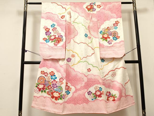 長閑やかさ屋御召しもの[]七五三 お嬢さん ７歳 祝着 四つ身 絞り 鼓花文 金彩 珠玉 DABE7179ma