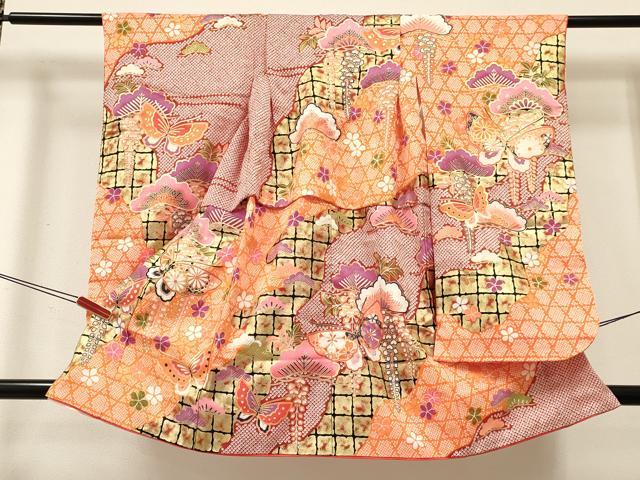 長閑やかさ屋御召しもの[]七五三 お嬢さん ３歳 祝着 参身 下着類付き添い人 花蝶文 金彩 珠玉 DABE7184ma