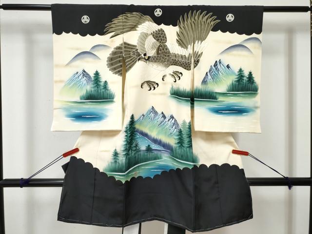 平和屋着物[]お宮参り　男の子　祝着　産着　初着　のしめ　作家物　鷹　鷲　風景文　暈し染め　金彩　逸品　DABE7387ma｜平和屋