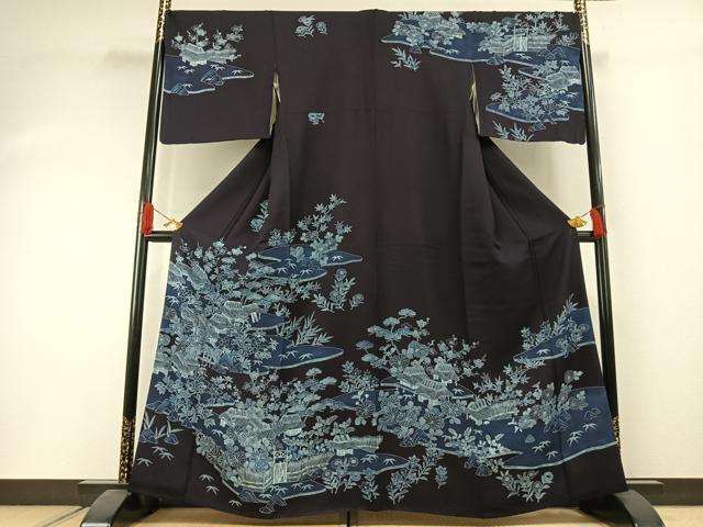 長閑やかさ屋御召しもの●短い訪問着 本藍 見晴らし花文 正絹 珠玉 AABI1398fy