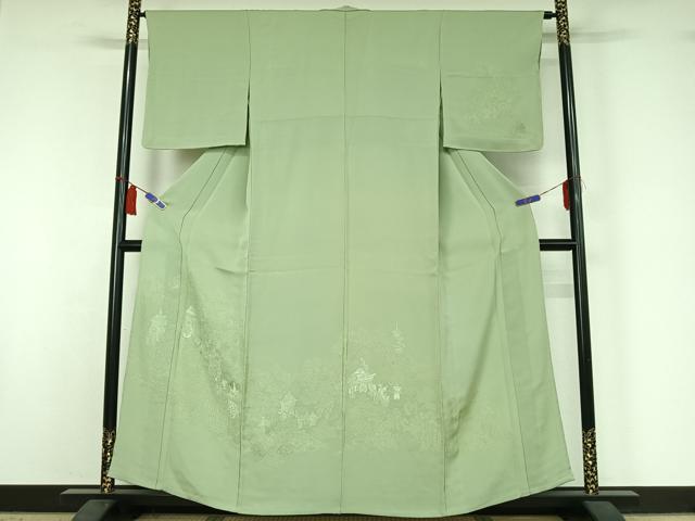長閑やかさ屋御召しもの▽無地絵羽短い訪問着 単衣 見晴らし重要人物地紋 若葉色 正絹 珠玉 AABI6995jh