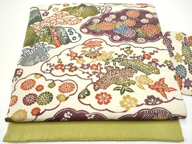 平和屋着物●九寸名古屋帯　型染め　雲重ね草花文　銀通し地　正絹　逸品　CABG6121hy｜平和屋