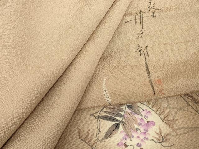 長閑やかさ屋御召しもの▽二代目清次郎取り締まる 墨付き 色無地 単衣 ワンポイント 枝垂れ藤 うす茶色色 正絹 珠玉 DABE4679az
