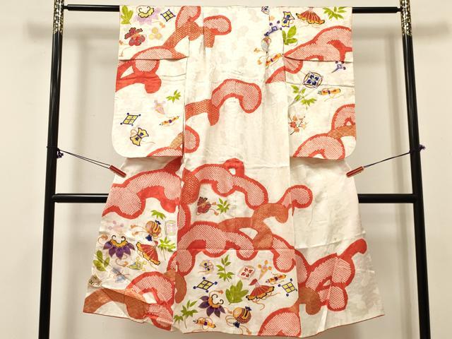 長閑やかさ屋御召しもの[]七五三 お嬢さん ７歳 祝着 四つ身 駒刺しゅう 絞り 宝尽くし文 金彩 珠玉 DABE7171ma