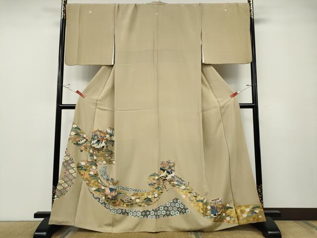 長閑やかさ屋御召しもの●晴れ晴れしい色留袖 駒刺しゅう 貝桶宝尽くし鶴花文 金彩 正絹 珠玉 CABF3462ut