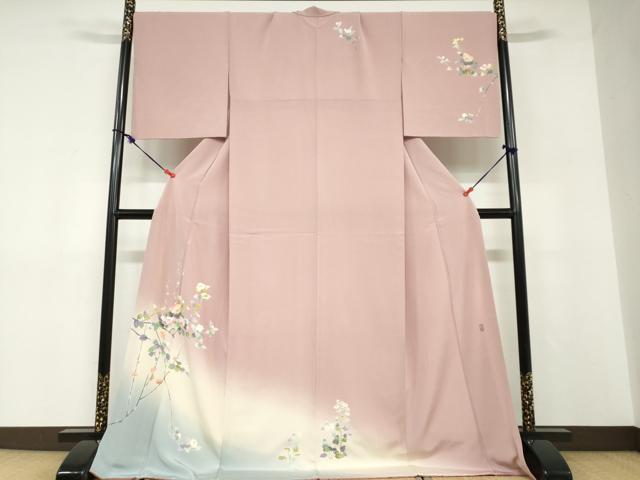 長閑やかさ屋御召しもの●十日町友禅 成人女性絵書き 遠田藤舟 短い訪問着 顕花植物文 暈し染め 健勝苑取りまわし ロング丈 正絹 珠玉 DABD9191ud