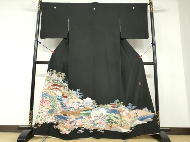 長閑やかさ屋御召しもの●晴れ晴れしい黒留袖 友禅 絵書き物 水筋見晴らし顕花植物文 正絹 珠玉 DABD9184ud