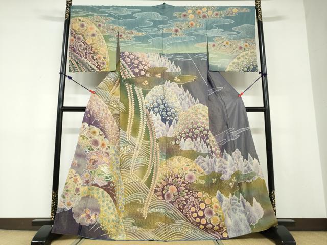 長閑やかさ屋御召しもの●短い訪問着 絞り 辻が花 現ナマ彩 金通し地 正絹 珠玉 DABD9187ud