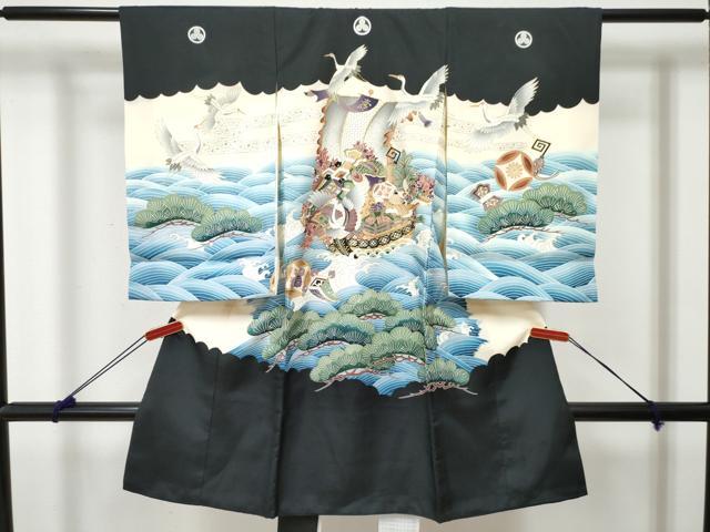 平和屋着物[]お宮参り　男の子　祝着　産着　初着　のしめ　刺繍　宝船　飛鶴立波松文　金彩　逸品　DABE7389ma｜平和屋