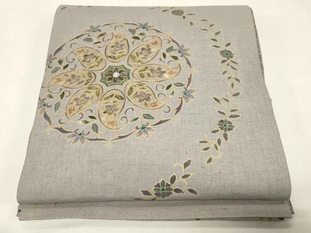 長閑やかさ屋御召しもの●膜鳴楽器柄袋帯 絵書き物 紬地 顕花植物文 金彩 正絹 珠玉 CABG9486dy