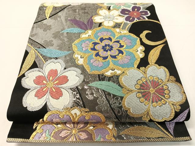 長閑やかさ屋御召しもの●六通柄袋帯 唐織 The Royal 舞花文 黒地 現ナマ糸 正絹 珠玉 CABH4790vp
