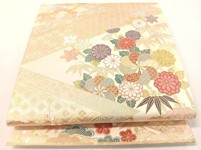 長閑やかさ屋御召しもの●六通柄袋帯 唐織 松皮菱松竹梅花文 金糸 正絹 珠玉 CABI4027vp