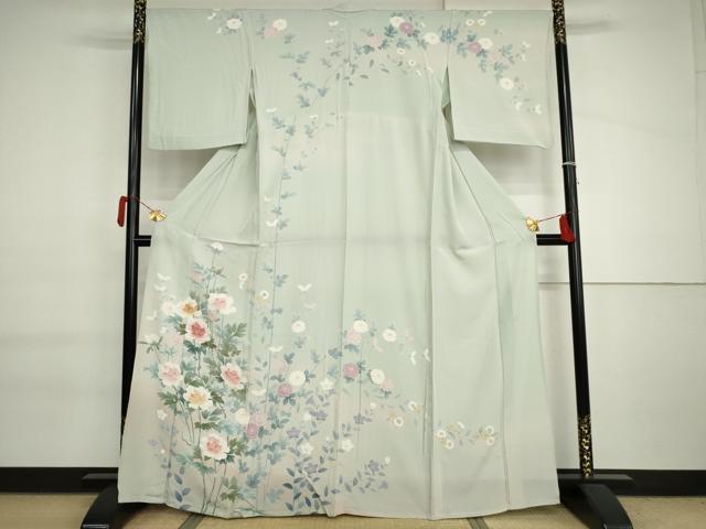 長閑やかさ屋御召しもの▽短い訪問着 単衣 友禅 絵描き物 枝花文 暈し染め 正絹 珠玉 AABI6199cs