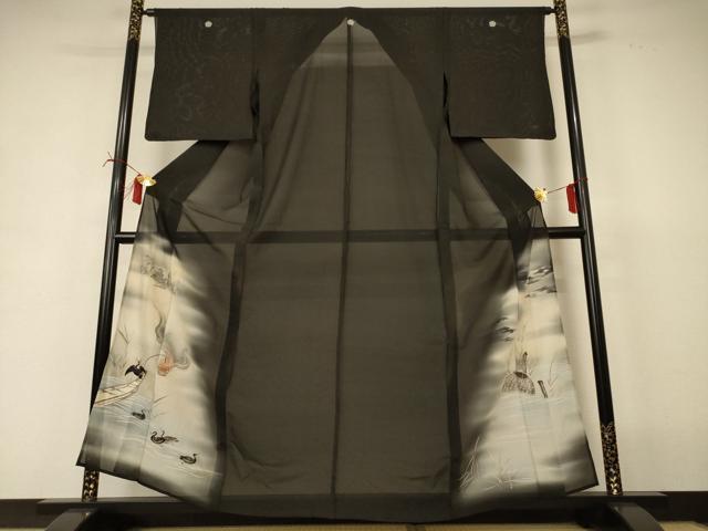 平和屋着物*夏物 アンティーク 大正ロマン 黒留袖 絽 刺繍 鵜飼 暈し染め 正絹 逸品 AABI6611jd|平和屋