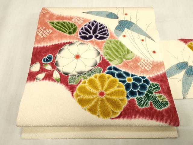 長閑やかさ屋御召しもの●九寸名古屋帯 絵書き物 顕花植物文 鬼しぼクレープ 珠玉 CABG3089dy